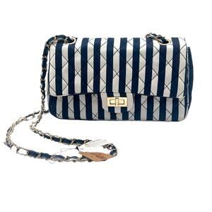 Hello 3AM Navy & White Stripe Nautical Shoulder Clutch Gold Chain Crossbody Bag